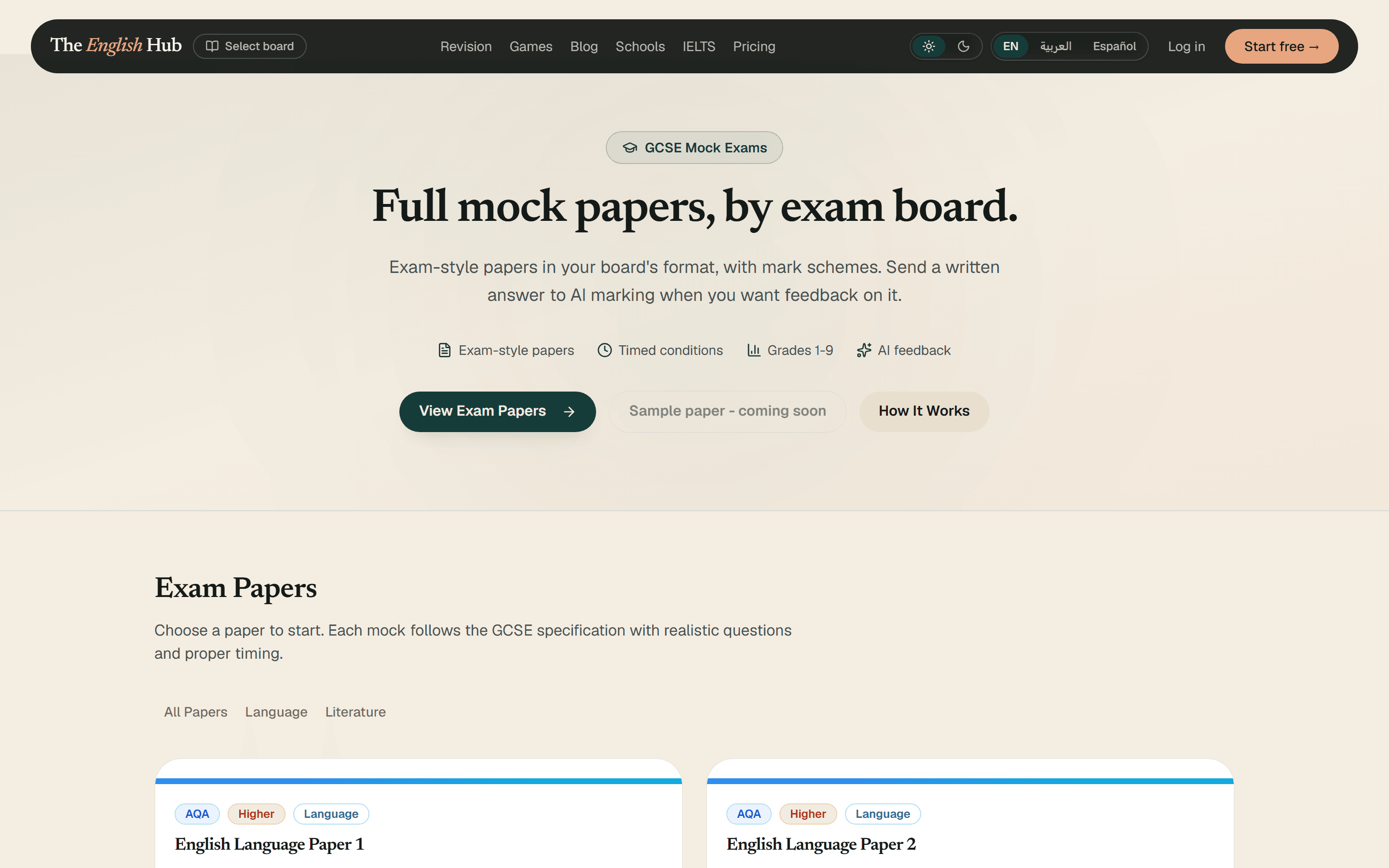 The Exam Papers list on the mock papers page: the filters for all papers, language and literature, and the tops of two AQA cards titled English Language Paper 1 and Paper 2.