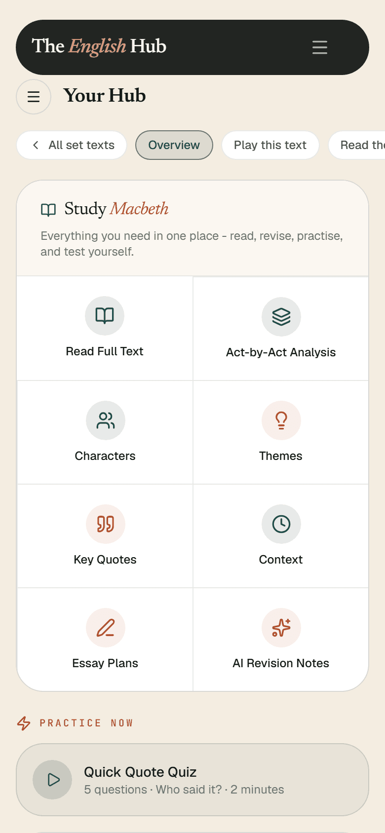 The Macbeth study guide on a phone: a chip row and the eight-tile Study Macbeth grid, from Read Full Text to AI Revision Notes.