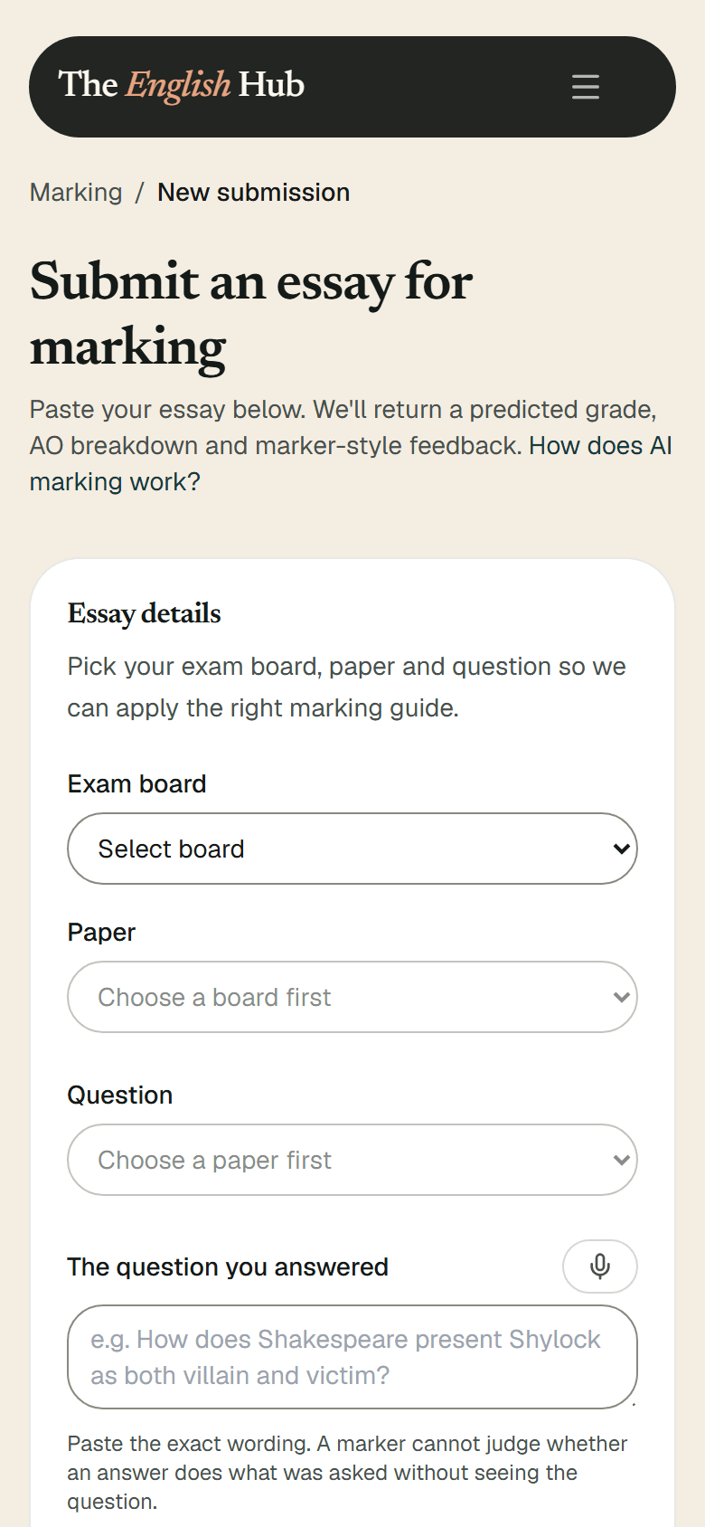 The essay submission form on a phone: exam board, paper and question selects and the field for the question you answered, all empty.