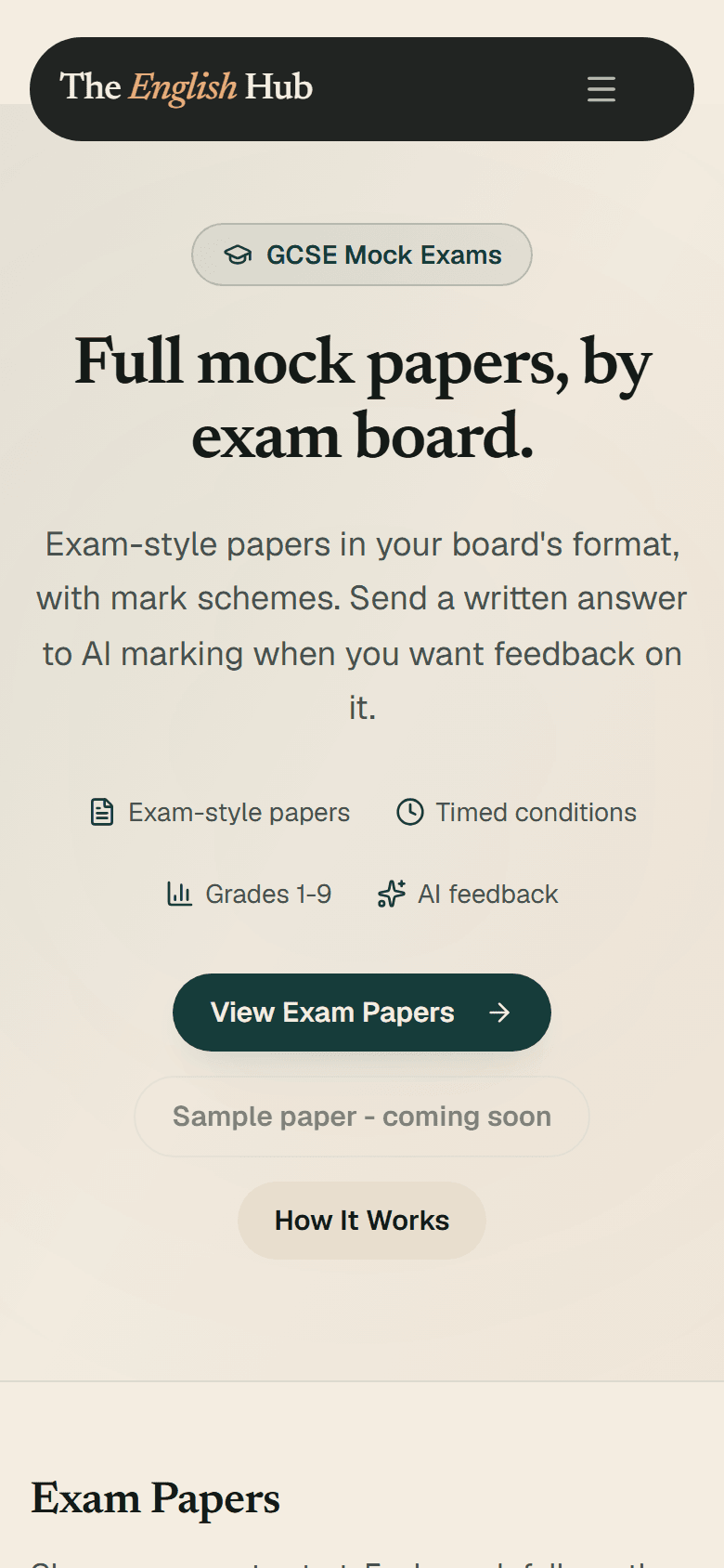 The mock papers page on a phone, from its How It Works button down to the Exam Papers heading.