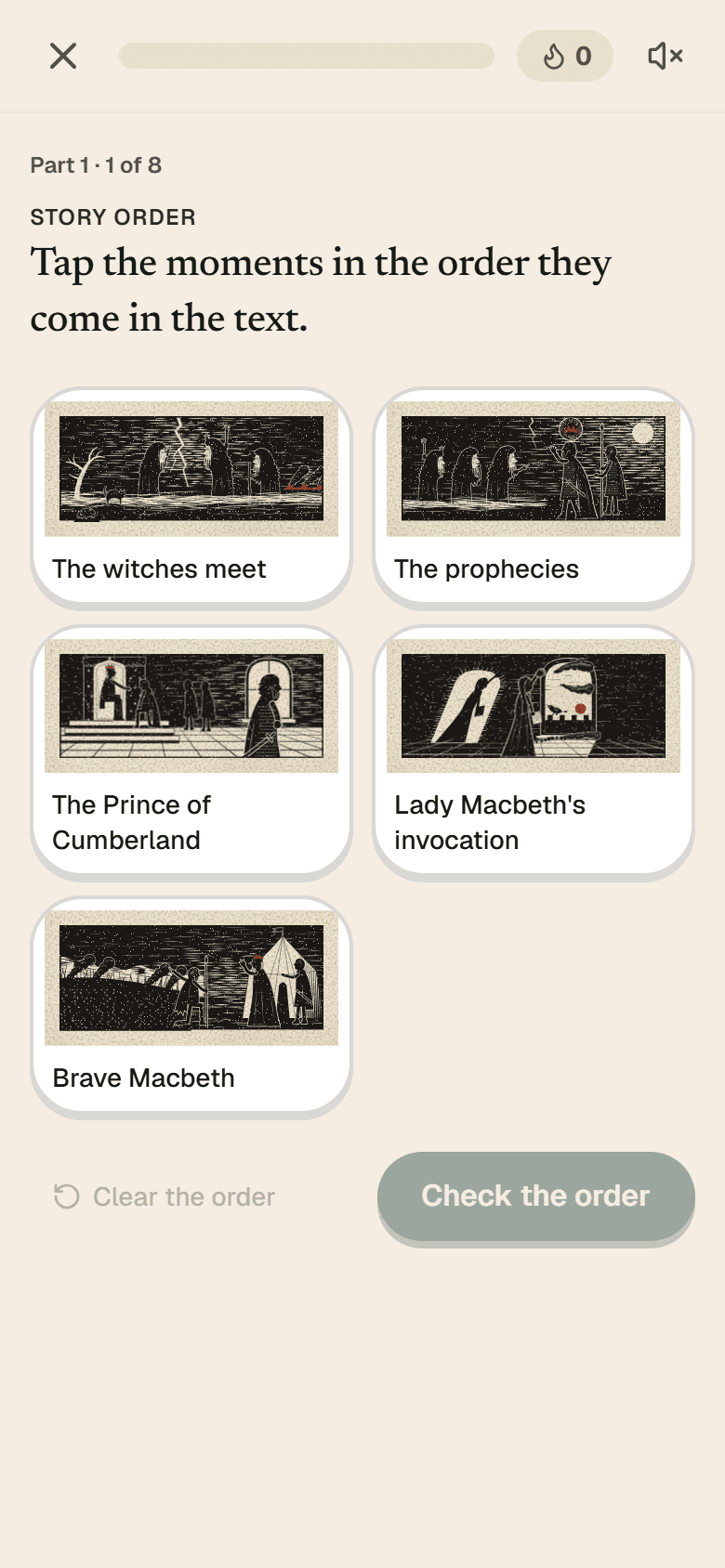 Part 1 of the Macbeth quest on a phone: a story-order challenge with five comic thumbnails to tap into order, a flame counter at zero, and a Check the order button.